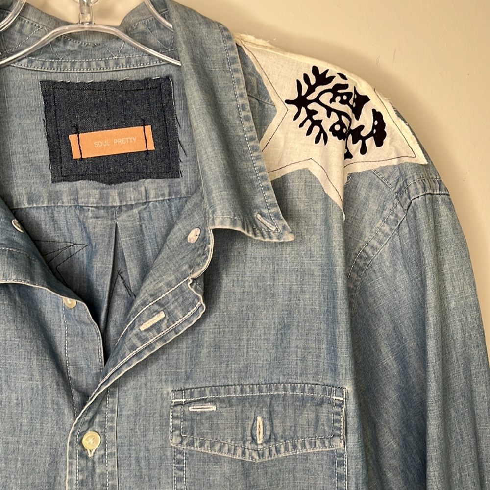 Custom Made Upcycled Demin Button Down Star Shirt - image 3